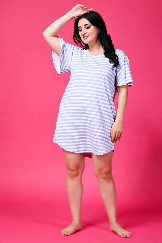 Cheap Party Maxi Dresses-White & Blue Striped Long T-shirt Dress