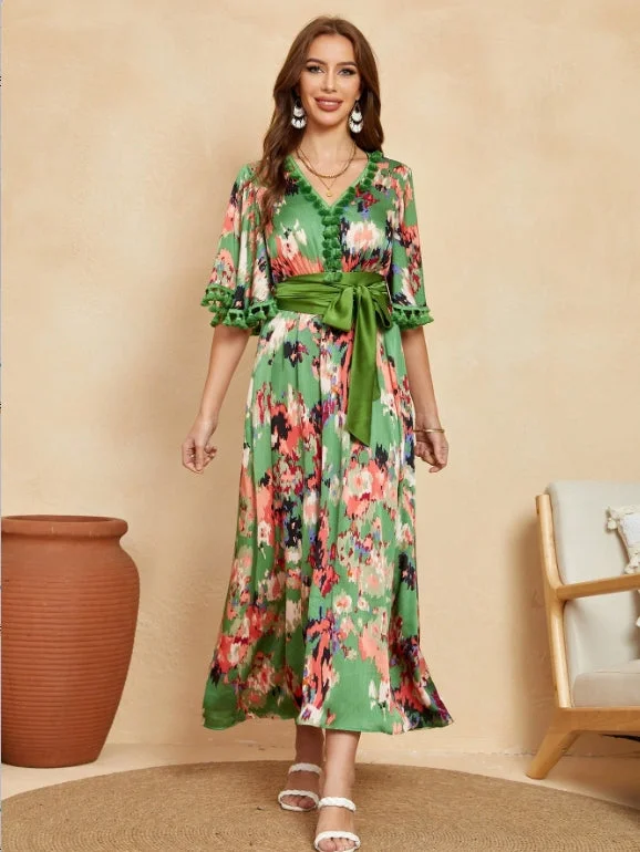 Animal Print Club Maxi Dresses-Women's All Over Print Fringe Trim Butterfly Sleeve V Neck Long Dress with Belt FCT-W34883