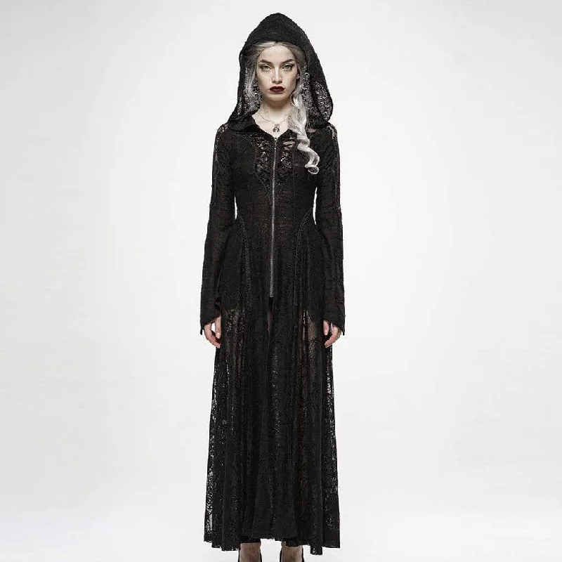 Sleeveless Party Maxi Dresses-Women's Goth Yarn Zipper Fly Lace Long Dresses With Hood