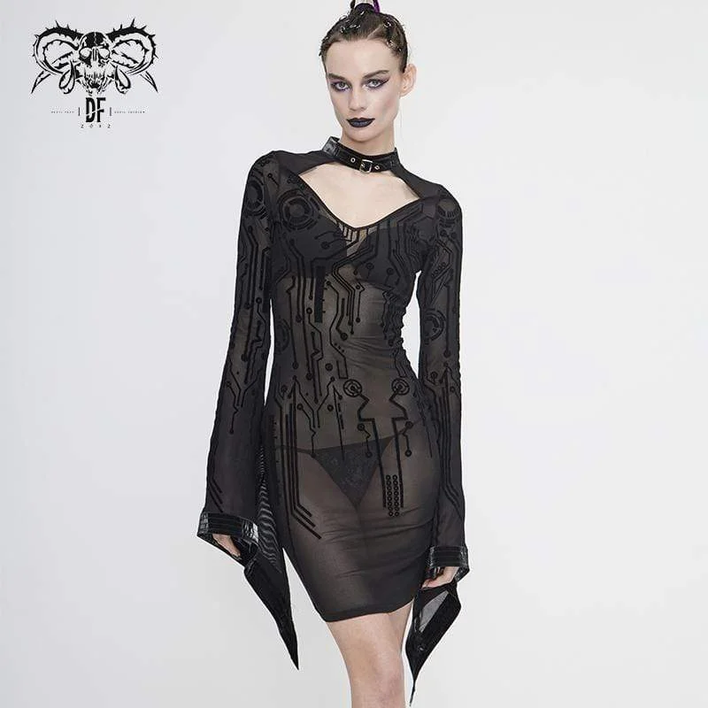 Knit Club Maxi Dresses-Women's Gothic Black Sheer Lace Long Tulip Sleeved Short Shift Dresses