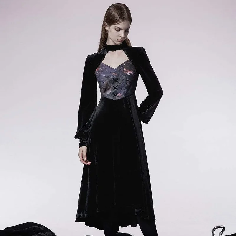 V Neck Beach Maxi Dresses-Women's Gothic Cutout Splice Velvet Long Dress