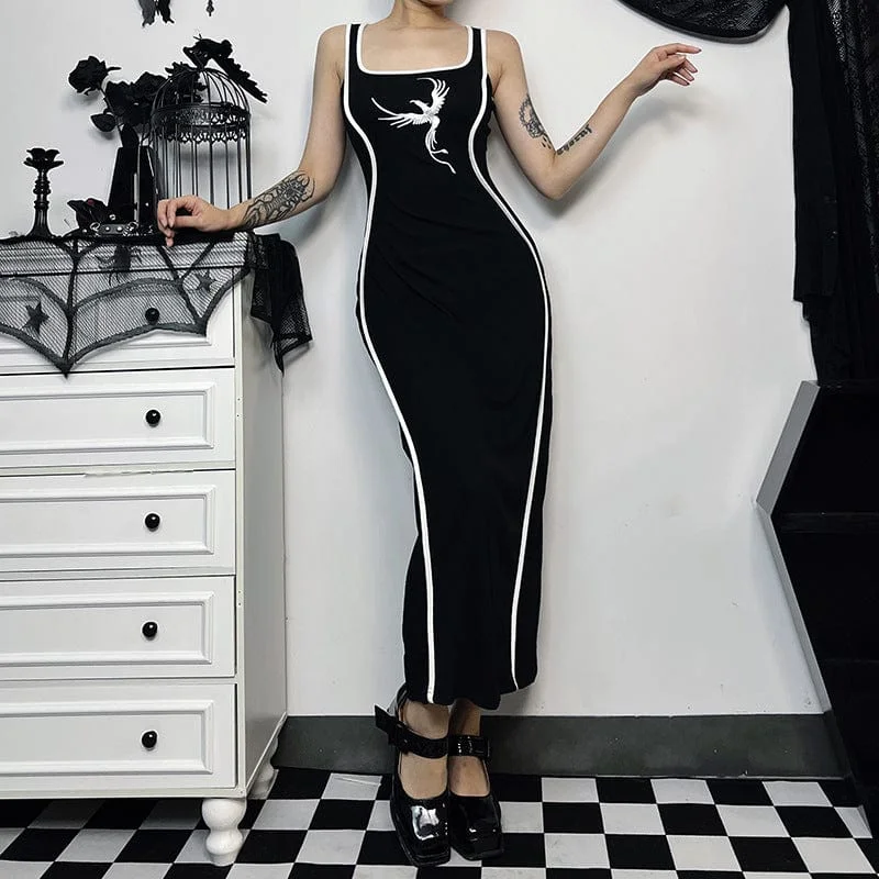 Knit High Neck Maxi Dresses-Women's Punk Embroidered Slim Fitted Long Slip Dress