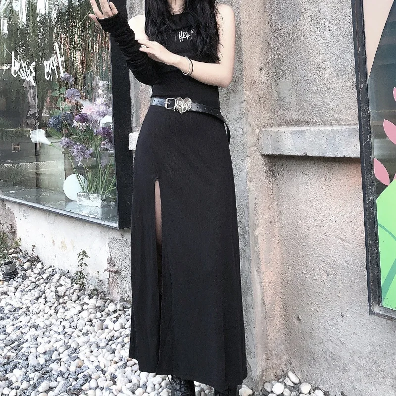 Women Floral Maxi Dresses-Women's Punk Irregular Slit Long Dress