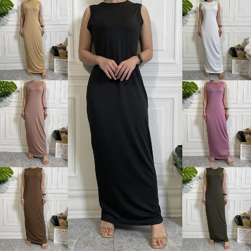 Petite Club Maxi Dresses-6565# Muslim Inner Dress Sleeveless Solid Color Slip Long Dress