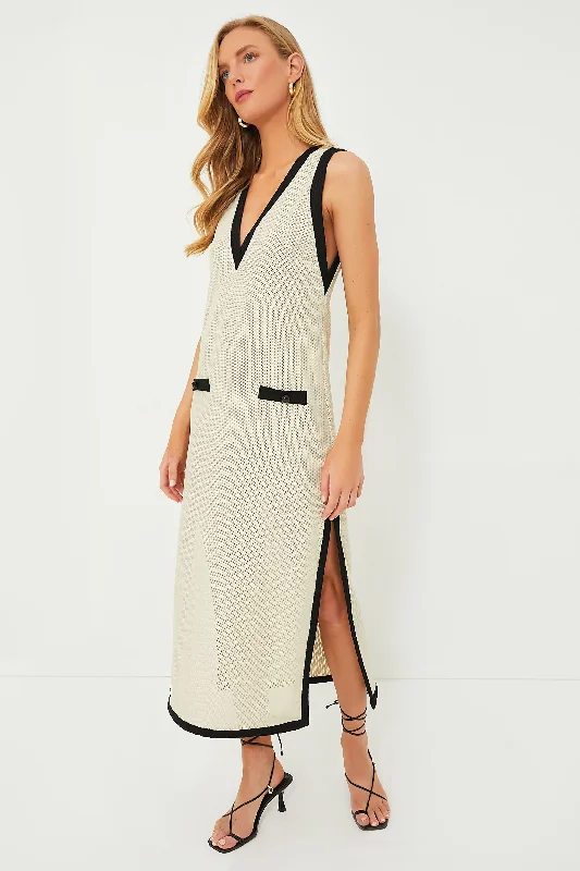 Cocktail Maxi Dresses-Beige Striped Tricot Long Dress