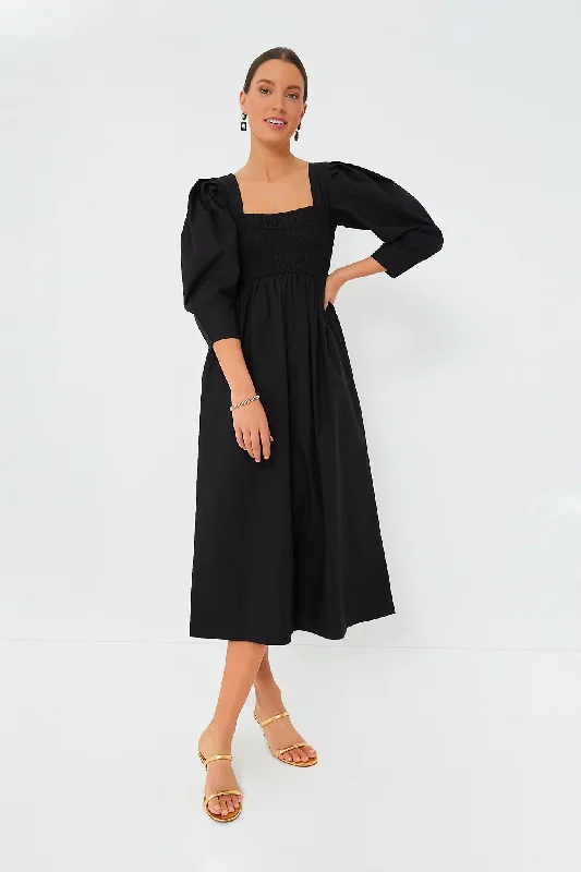 Formal Black Maxi Dresses-Black Cotton Poplin Open-Neck Smock Long Dress