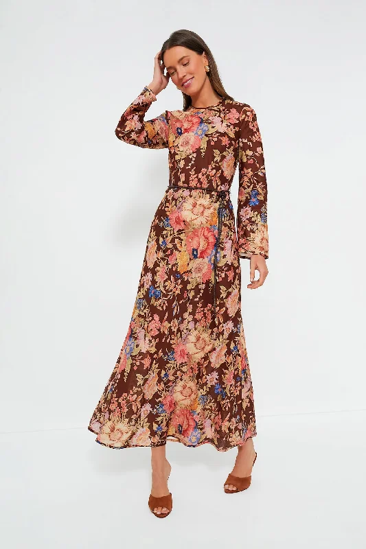 Cotton Summer Maxi Dresses-Chocolate Floral August Bias Long Dress