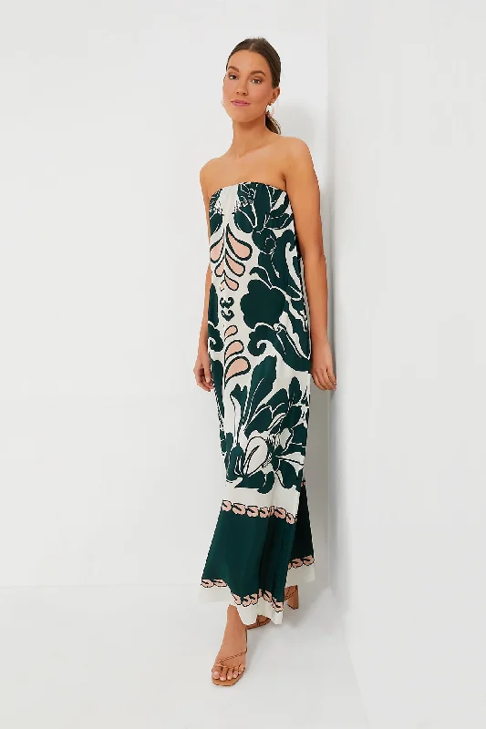 Green Velvet Maxi Dresses-Dark Green Spray of Flowers Strapless Long Dress