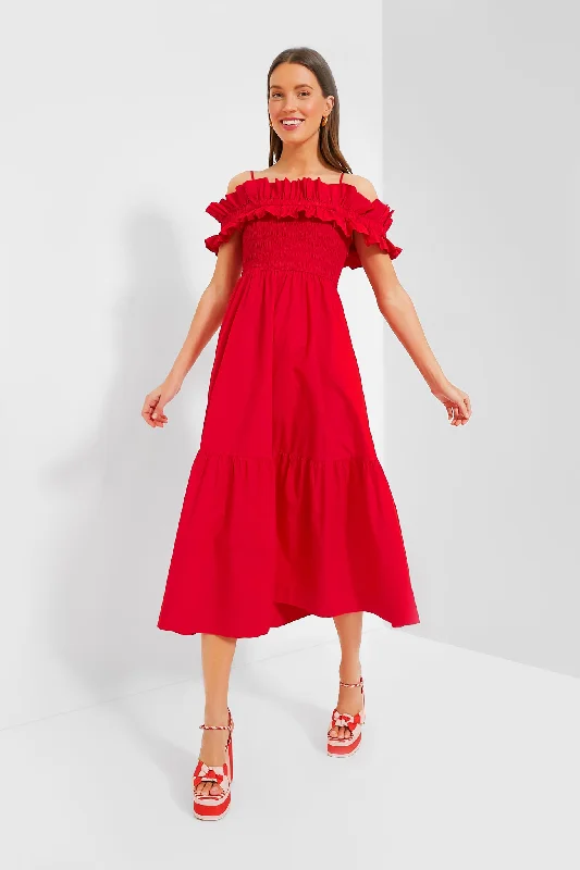 Pink Maxi Dresses-Racing Red Cotton Poplin Long Smock Dress