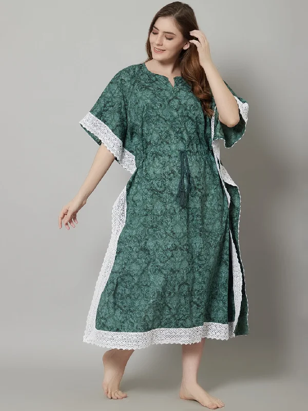 White Beach Maxi Dresses-Green Cotton Floral Print Long Kaftan With Lace