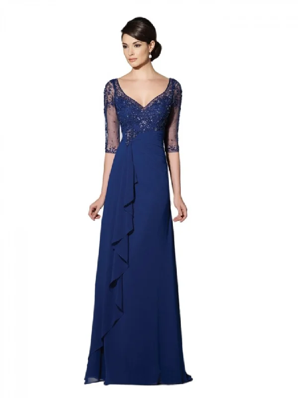 Strapless Maxi Dresses-Mon Cheri Beaded V-Neck Long Dress In Blue Willow 214689W