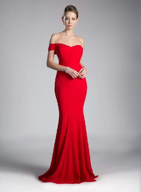 High Neck Party Maxi Dresses-Cinderella Divine - CD711 Off-Shoulder Jersey Sheath Long Dress - 1 pc Red In Size 2X Available