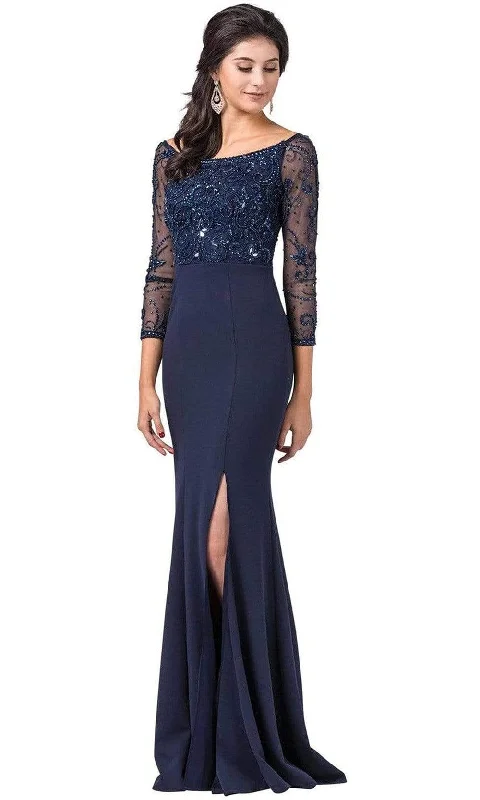 Lace Maxi Dresses-Dancing Queen - 2672 Bateau Neck Sheer Sleeves Embellished Bodice Fitted Long Dress - 1 pc Navy In Size M Available