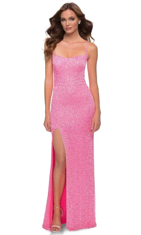 Leather Maxi Dresses-La Femme - Spaghetti Strappy Long Sequin Dress 29986SC - 1 pc Neon Pink In Sizes 4 Available