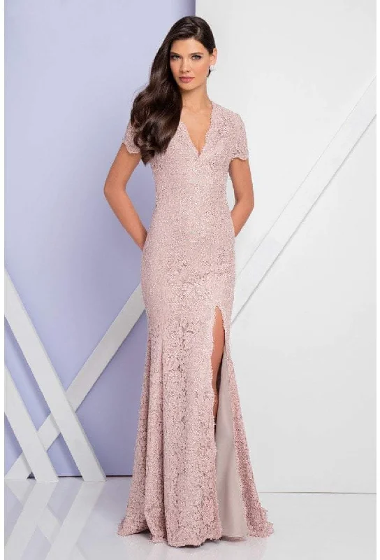 Pink Maxi Dresses-Terani Couture V Neck Long Sheath Lace Dress 1721M4317 - 1 pc Blush Silver In Size 12 Available