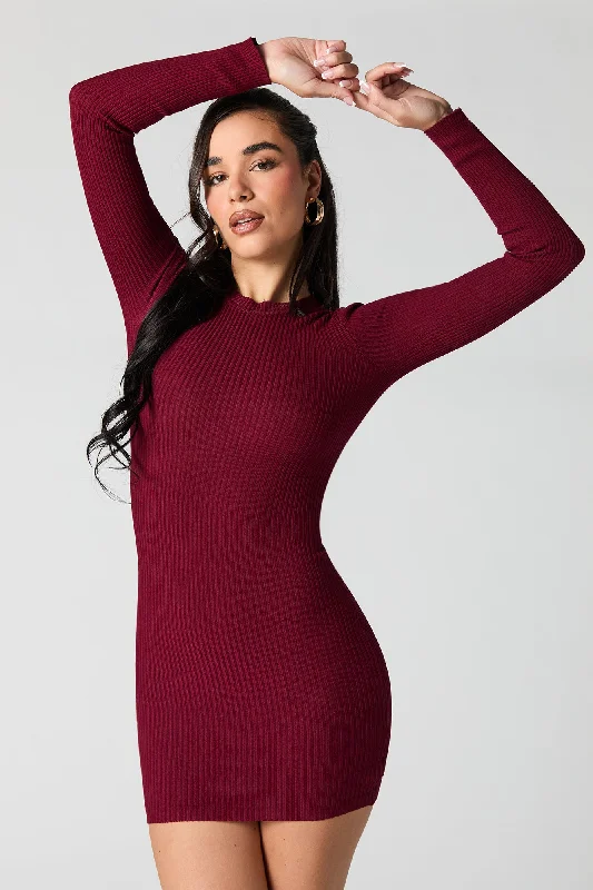 High Neck Purple Mini Dresses-Ribbed Knit Long Sleeve Mini Sweater Dress