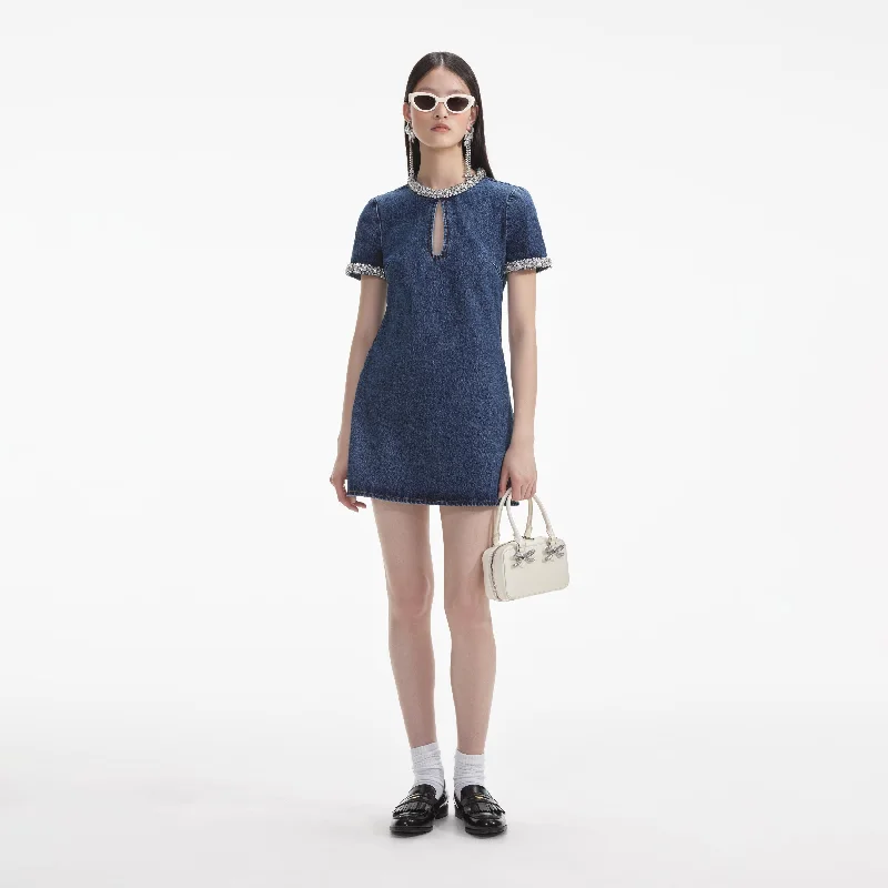 Winter Blue Mini Dresses-Embellished Denim Mini Dress