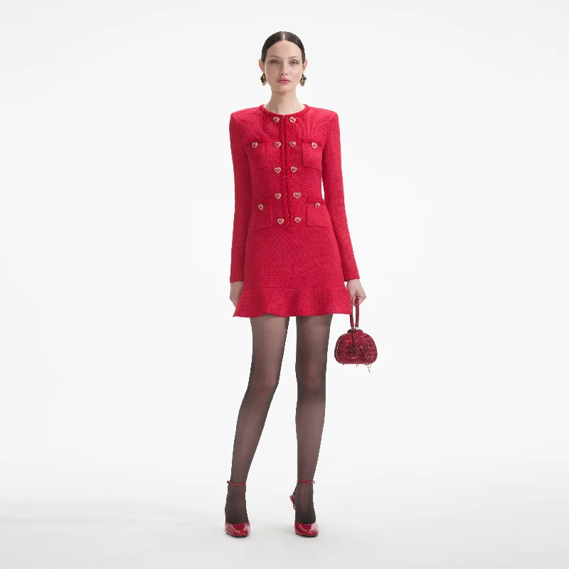 Date Mini Dresses-Red Knit Heart Buttoned Mini Dress