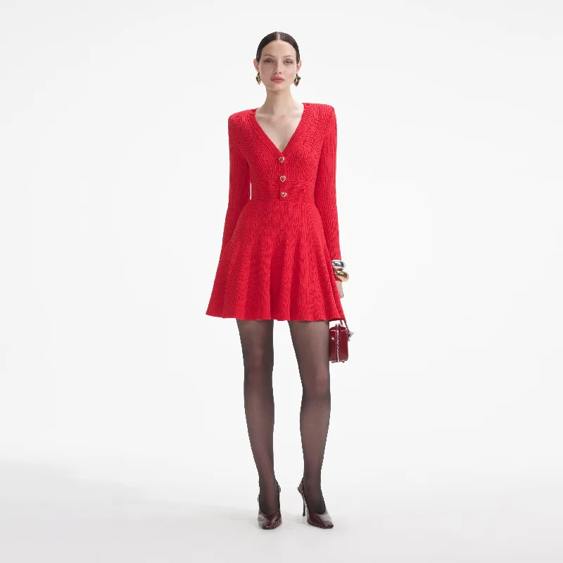 Beach Mini Dresses-Red Pointelle Knit Mini Dress