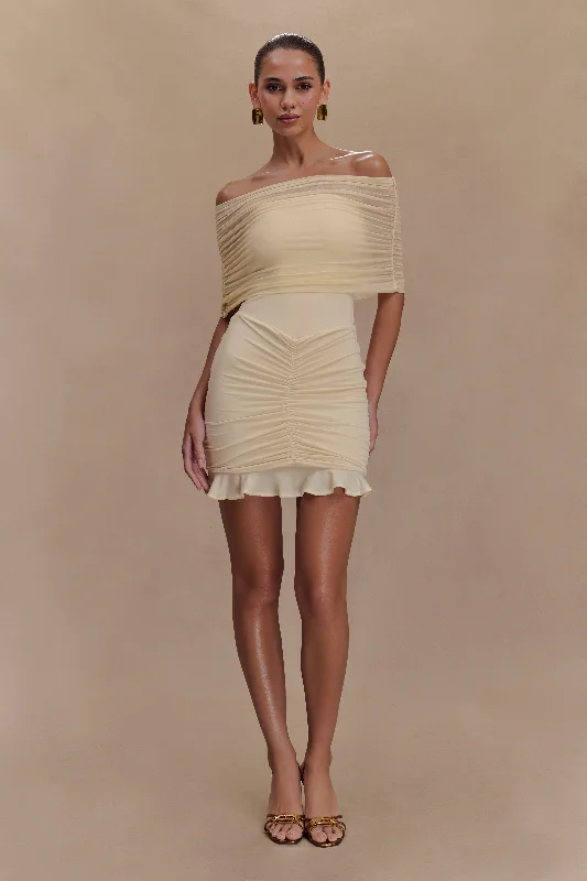 Strapless Beach Mini Dresses-Caspian Slinky And Mesh Off Shoulder Mini Dress - Ivory