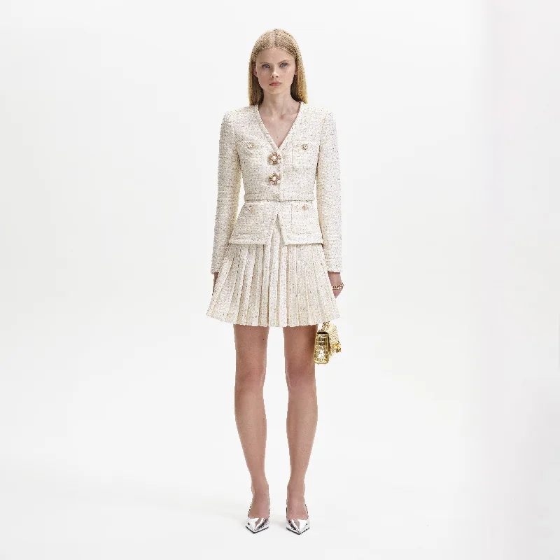 Velvet Casual Mini Dresses-Cream Metallic Boucle Mini Jacket Dress