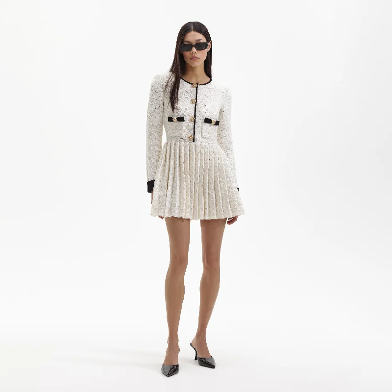 Long Sleeve Boho Mini Dresses-Cream Weave Knit Mini Dress