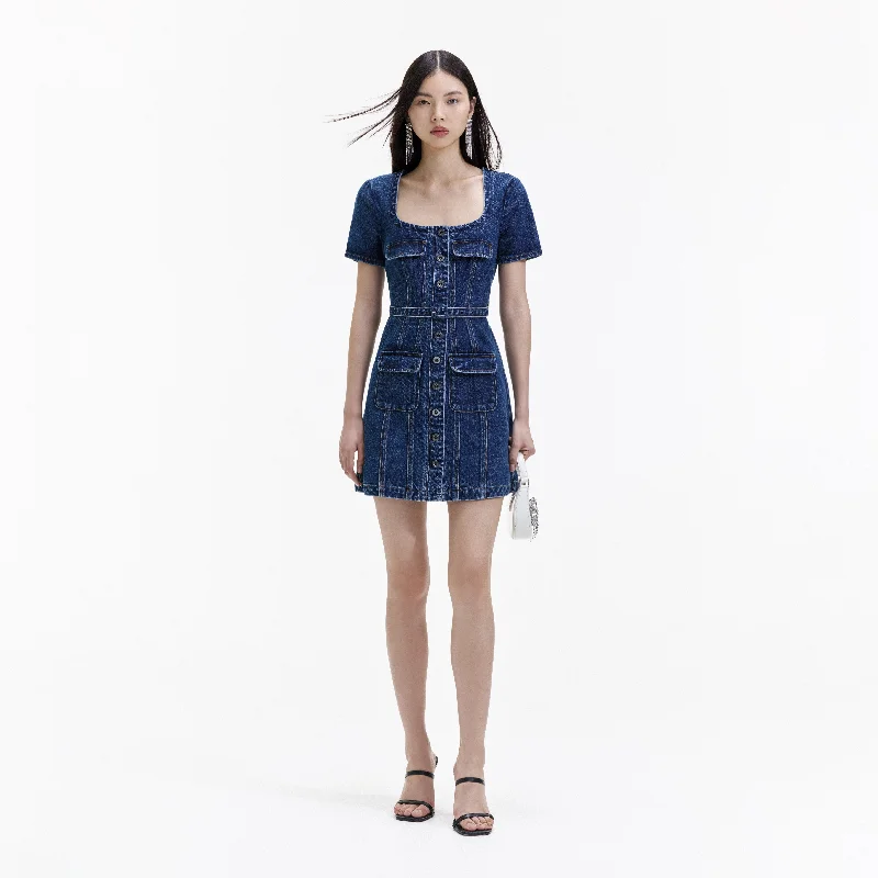 Mesh Ruffle Mini Dresses-Denim Stitch Detail Mini Dress