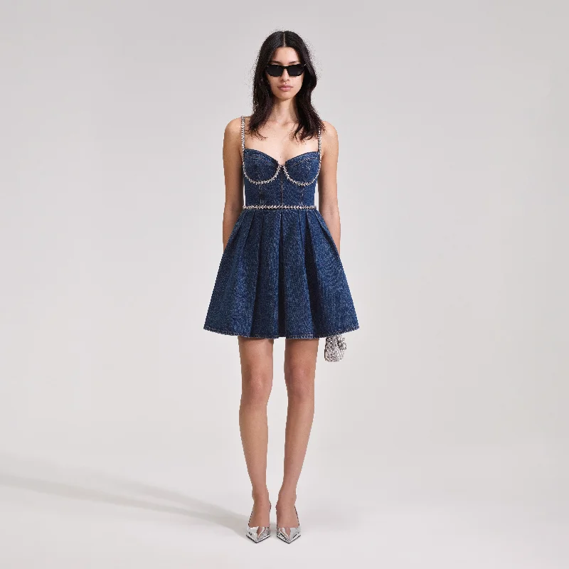 Elegant Mini Dresses-Diamante Detail Denim Mini Dress