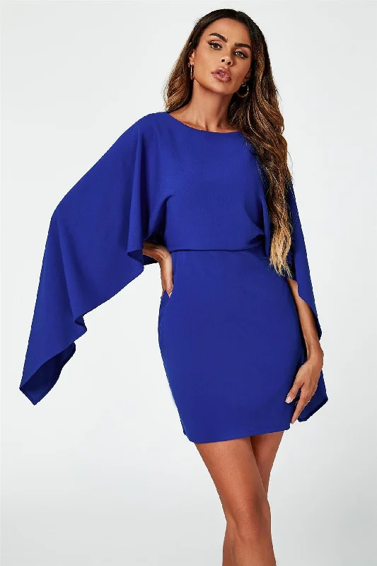 Long Sleeve Summer Mini Dresses-FS Collection Back Detail Mini Dress With Cape In Blue