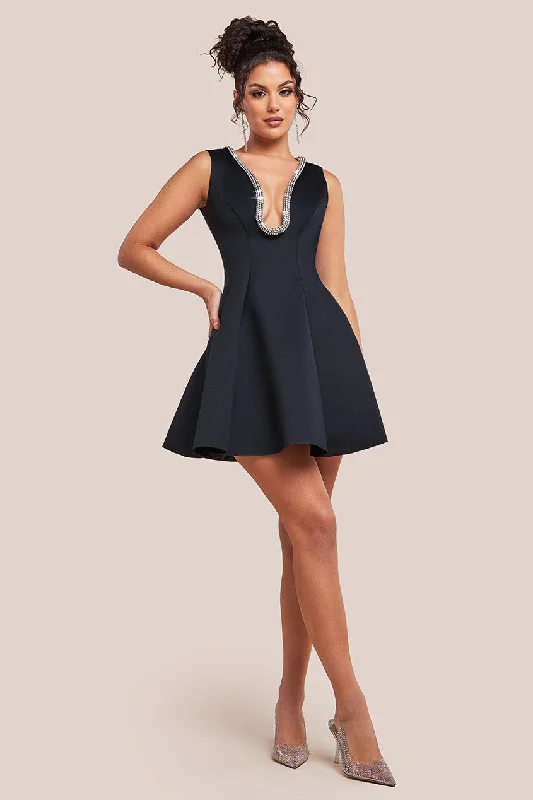 Lace Off Shoulder Mini Dresses-Goddiva Diamante Embellished Neck A-Line Mini Dress - Black