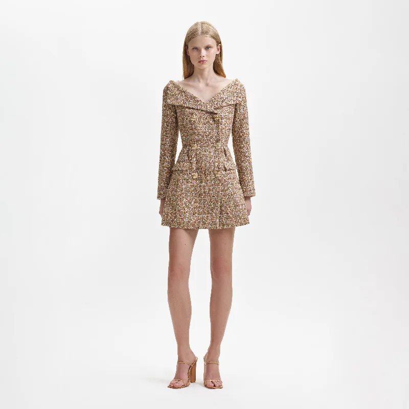 Off Shoulder Club Mini Dresses-Gold Tinsel Boucle Off Shoulder Mini Dress