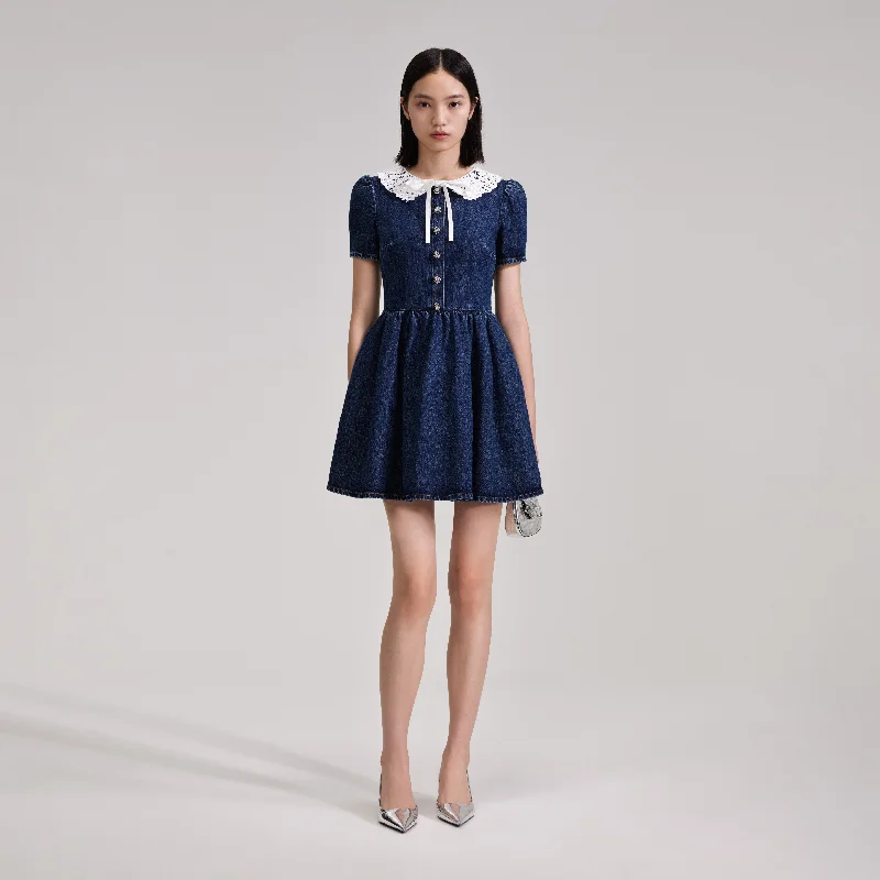 Lace Vintage Mini Dresses-Lace Collar Denim Mini Dress