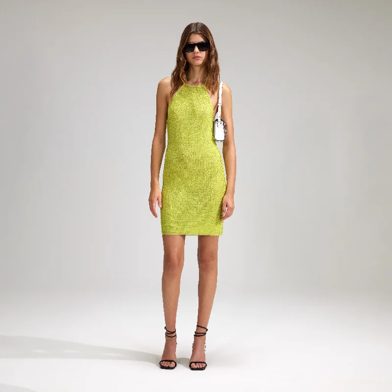 Chiffon Mini Dresses-Lime Rhinestone Mesh Mini Dress