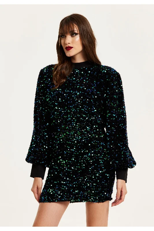 Silk Work Mini Dresses-Liquorish Black Velvet Based Green And Blue Sequin Mini Dress