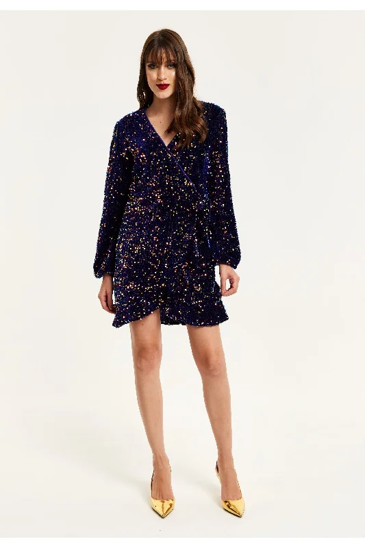 Velvet Summer Mini Dresses-Liquorish Royal Blue Velvet Based Multicolour Sequin Mini Wrap Dress