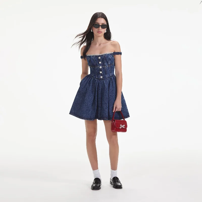 Velvet Boho Mini Dresses-Denim Off Shoulder Mini Dress