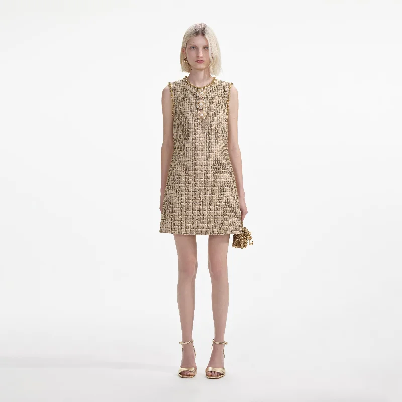 Strapless Beach Mini Dresses-Gold Boucle Embellished Mini Dress