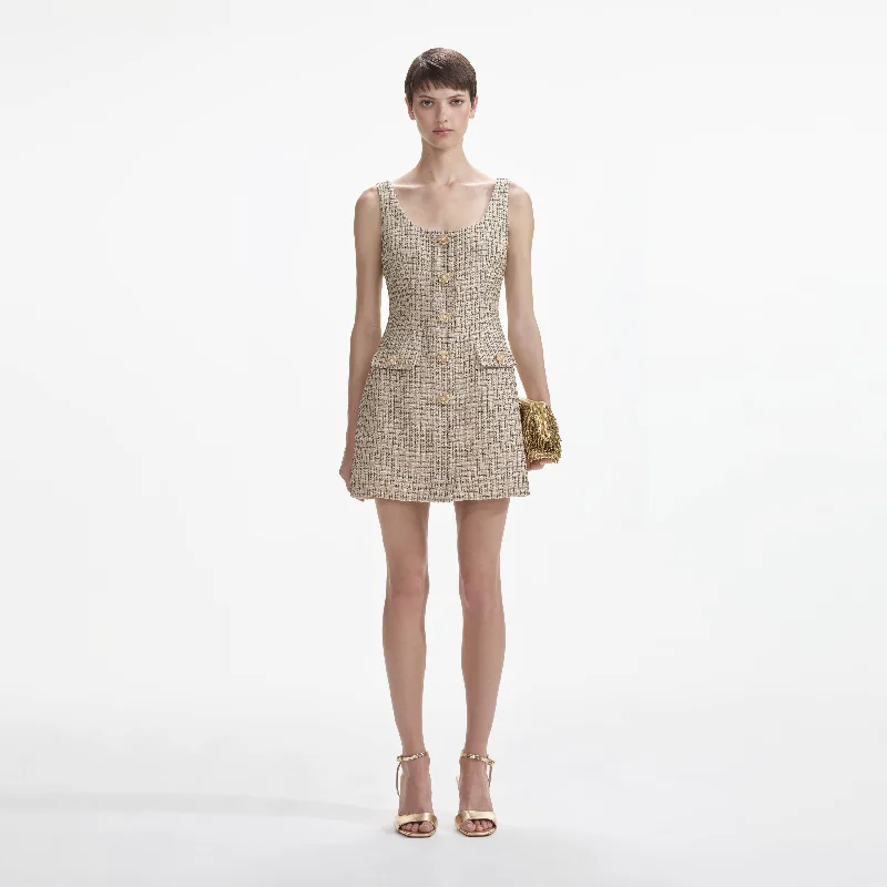 One Shoulder Club Mini Dresses-Gold Boucle Mini Dress