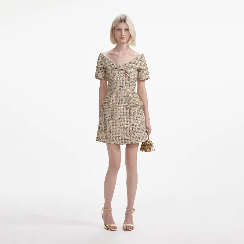 Backless Sexy Mini Dresses-Gold Boucle Open Neck Mini Dress