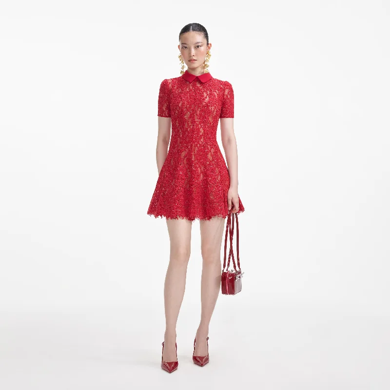 Ruffle Beach Mini Dresses-Red Sequin Lace Mini Dress