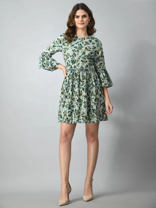 Leather Vintage Mini Dresses-Women's Round Neck Floral Printed Mini Dress - Green