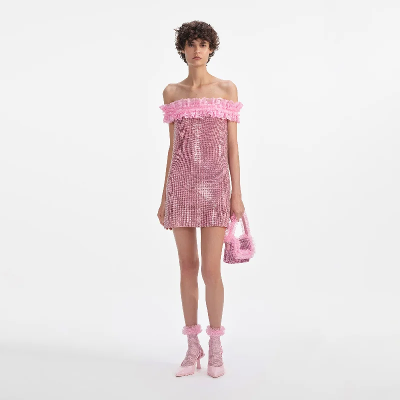 Trendy Party Mini Dresses-Pink Crystal Chainmail Mini Dress